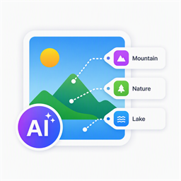 Expolumi AI Photo Tagging artwork with a landscape, keyword labels, and AI badge